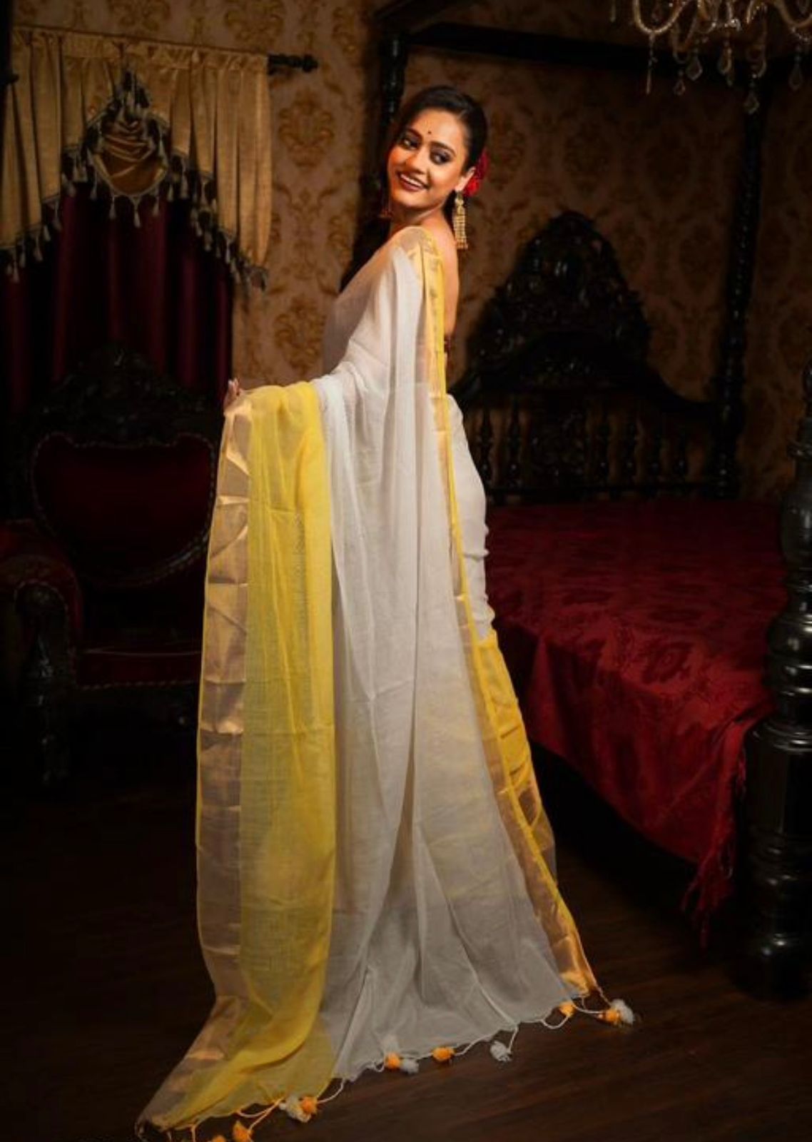 120 Count Mul-Mul Cotton Half Dyed Yellow Saree