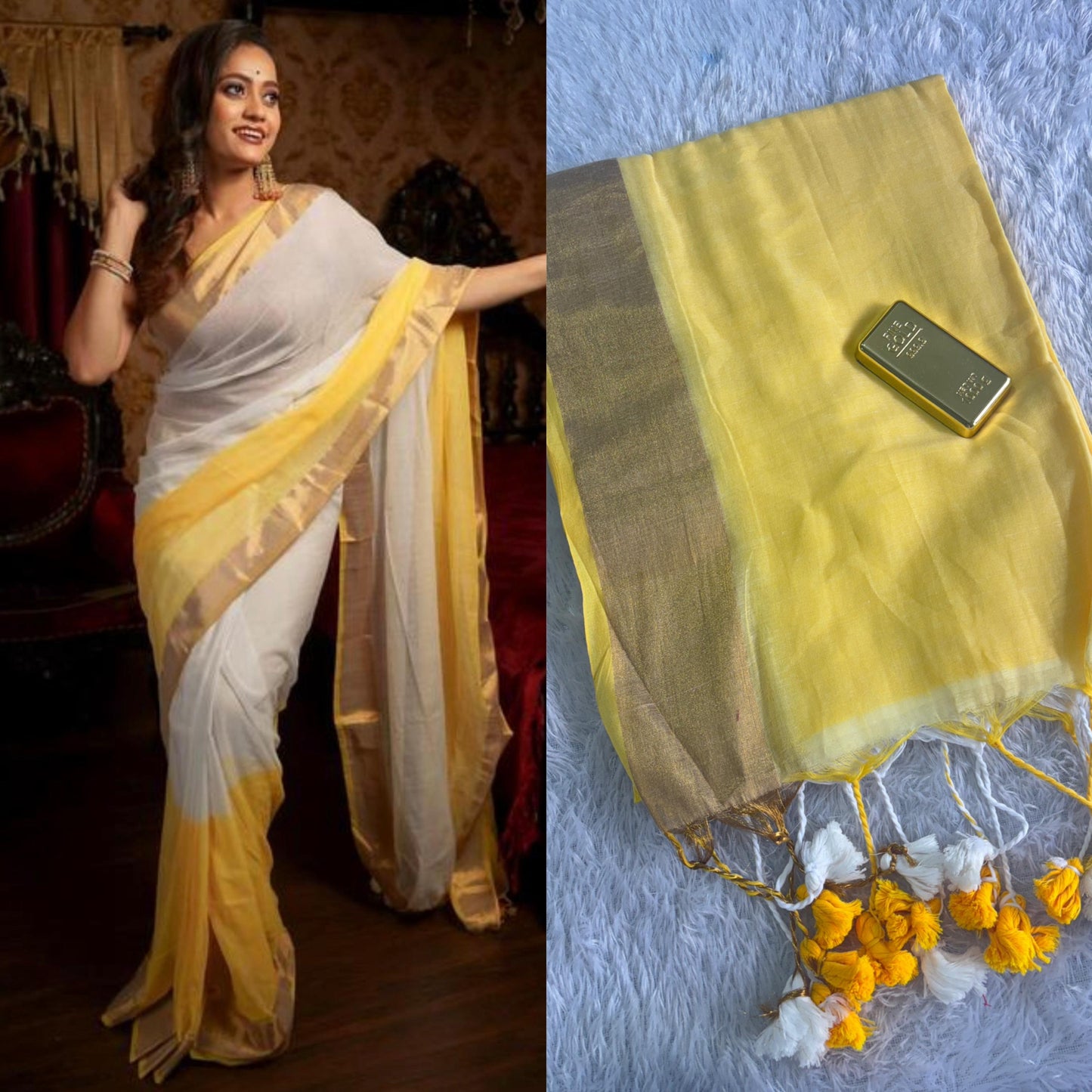 120 Count Mul-Mul Cotton Half Dyed Yellow Saree