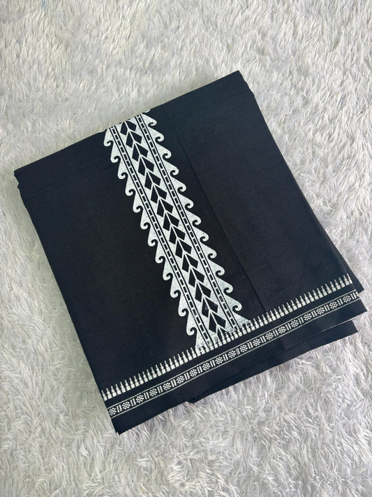 Black Cotton Single Dhothi with White Print – Premium Quality