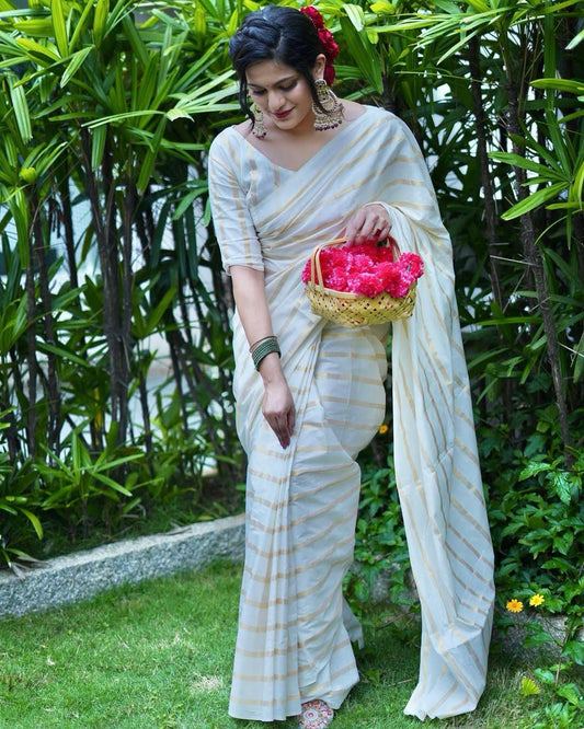 Cotton Golden Lines Saree with Tassels
