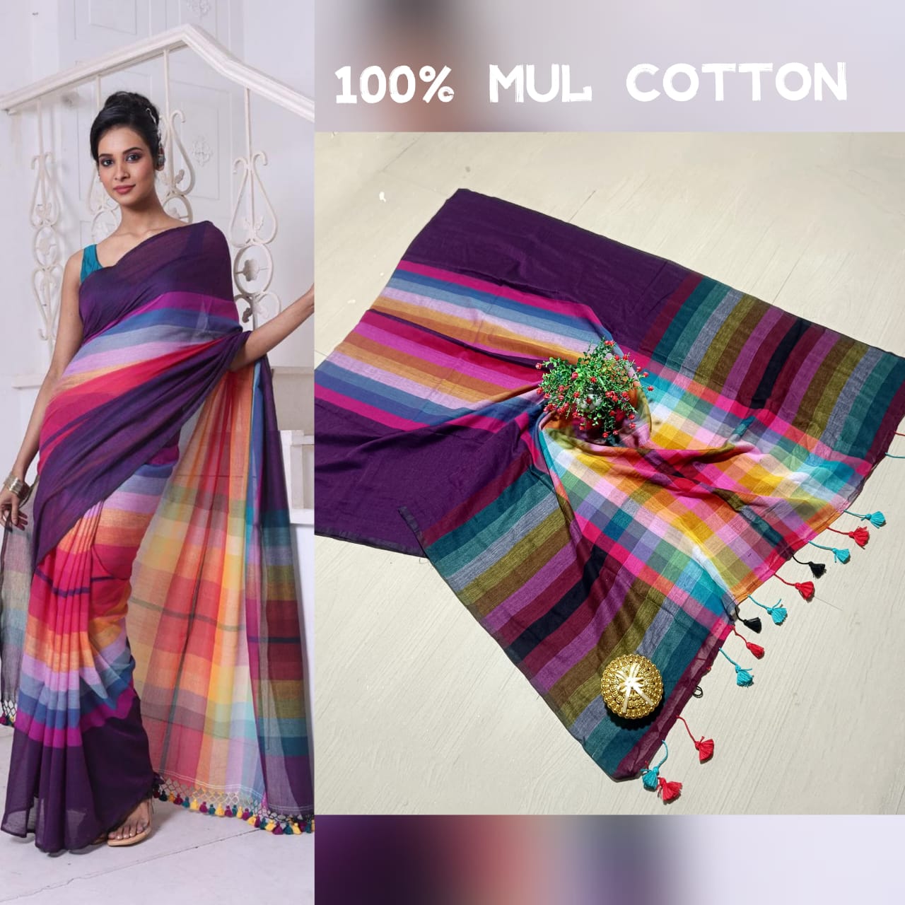 Exclusive Multi-Colour Mul Cotton Rainbow Saree β Summer Collection