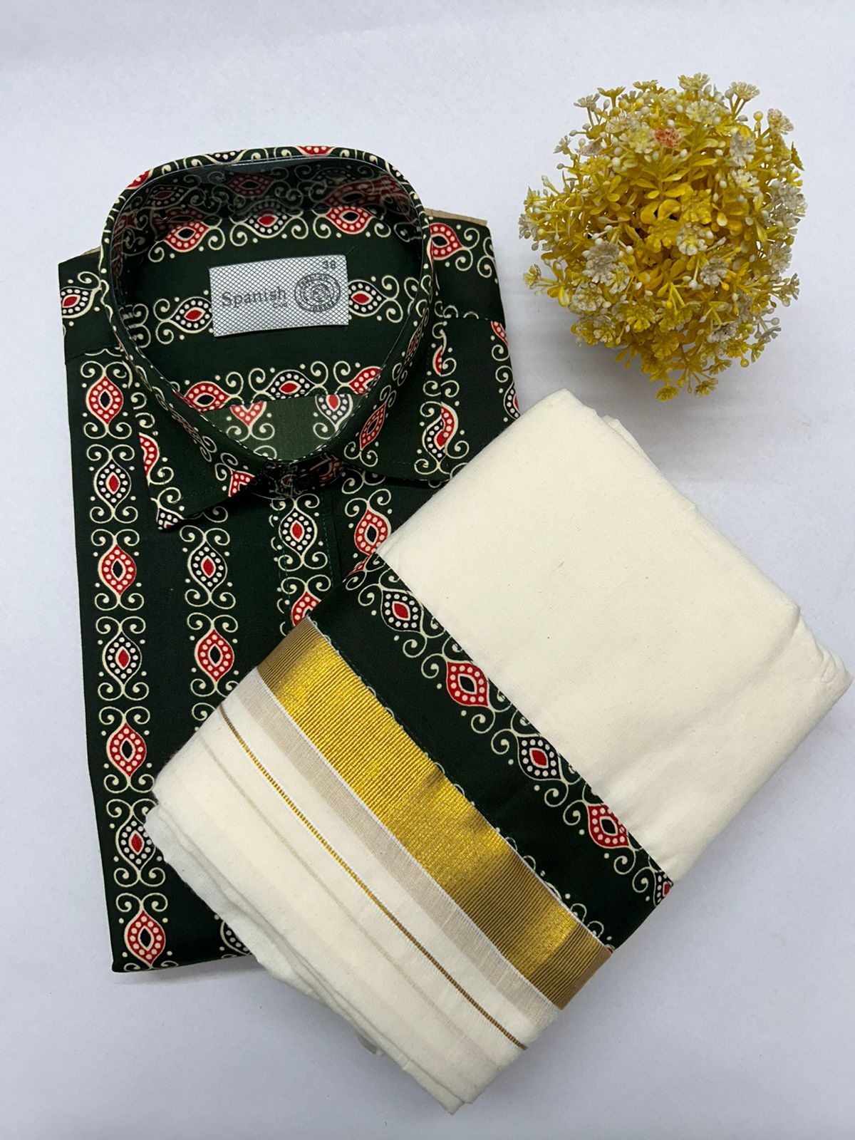 Traditional Indian saree with a black and red patterned blouse on a white background