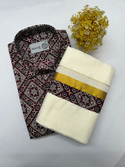 Two folded fabrics, one with a pattern and the other plain, on a white background with a small plant.