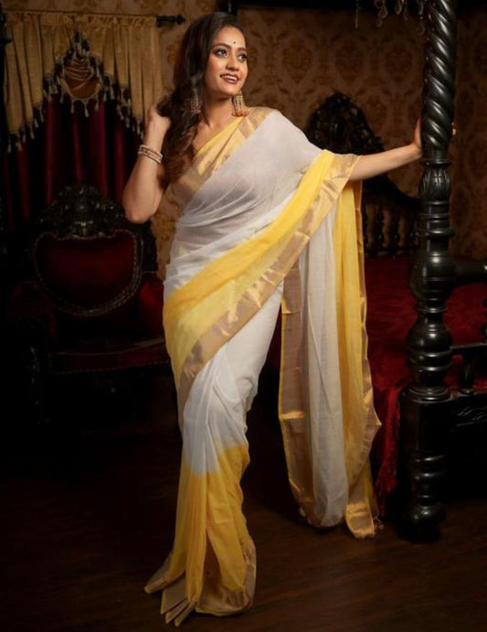 120 Count Mul-Mul Cotton Half Dyed Yellow Saree