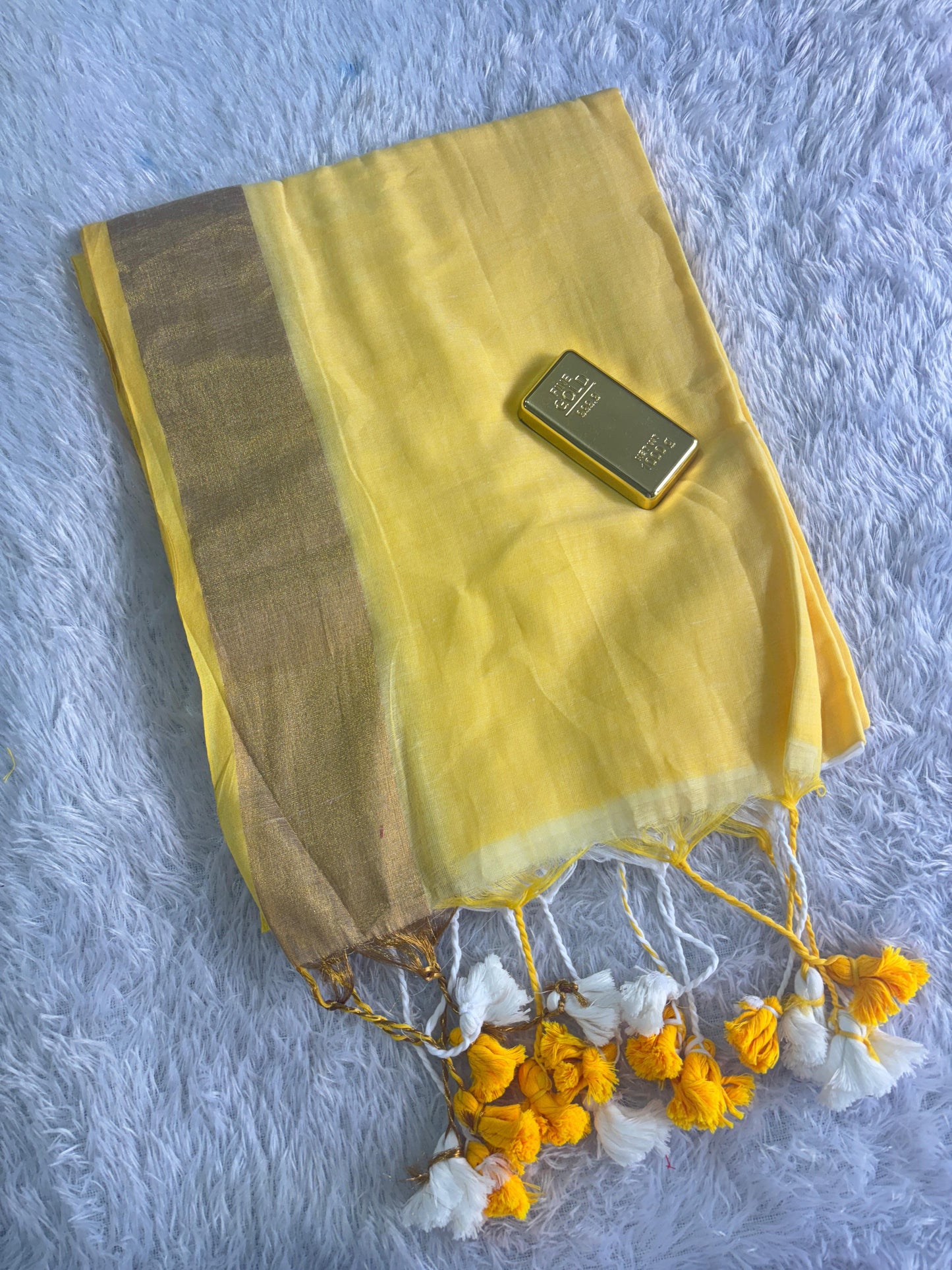 120 Count Mul-Mul Cotton Half Dyed Yellow Saree
