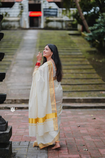 Balaramapuram Handloom Inspired Plain Cotton Kasavu Saree | Kerala Special Premium Quality Saree