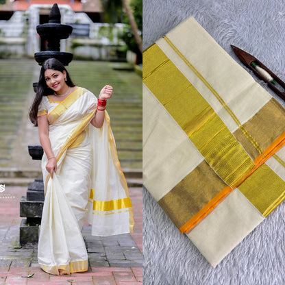 Balaramapuram Handloom Inspired Plain Cotton Kasavu Saree | Kerala Special Premium Quality Saree