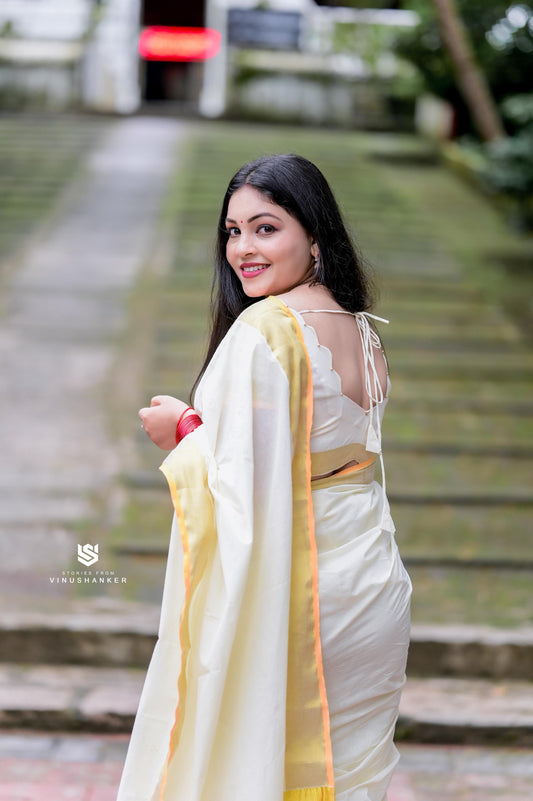 Balaramapuram Handloom Inspired Plain Cotton Kasavu Saree | Kerala Special Premium Quality Saree