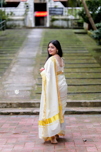 Balaramapuram Handloom Inspired Plain Cotton Kasavu Saree | Kerala Special Premium Quality Saree