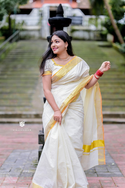 Balaramapuram Handloom Inspired Plain Cotton Kasavu Saree | Kerala Special Premium Quality Saree