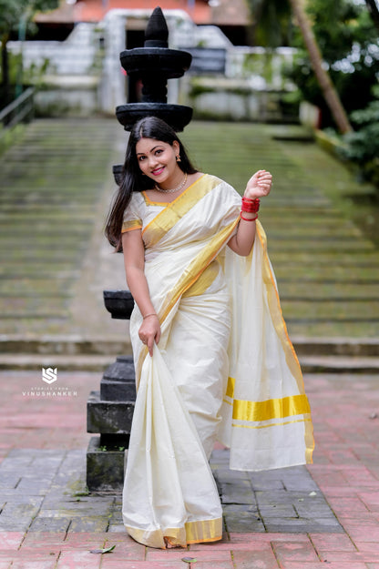 Balaramapuram Handloom Inspired Plain Cotton Kasavu Saree | Kerala Special Premium Quality Saree