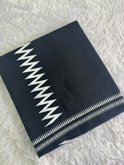 Black Cotton Single Dhothi with White Print – Premium Quality