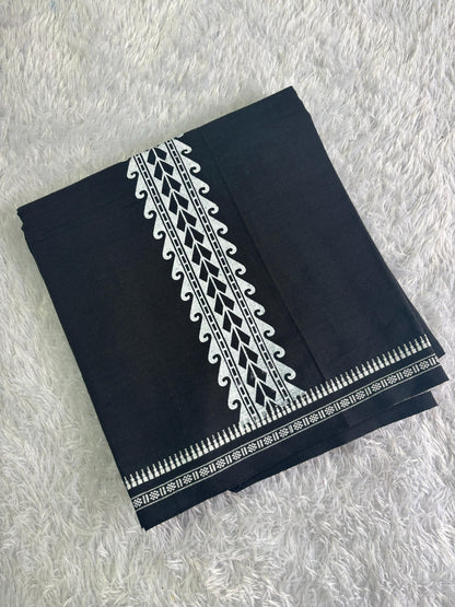 Black Cotton Single Dhothi with White Print – Premium Quality