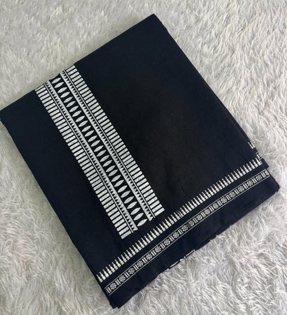 Black Cotton Single Dhothi with White Print – Premium Quality