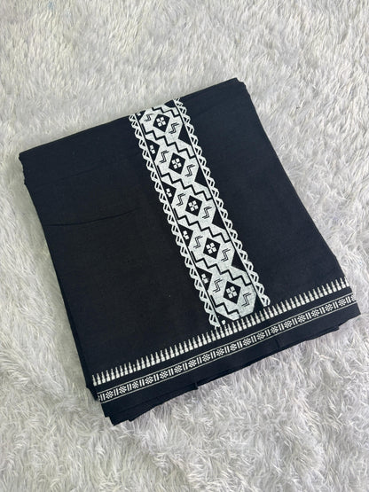 Black Cotton Single Dhothi with White Print – Premium Quality