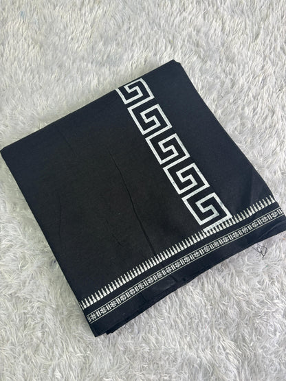 Black Cotton Single Dhothi with White Print – Premium Quality