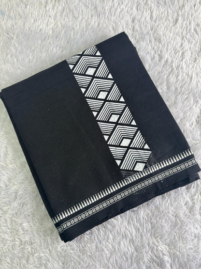 Black Cotton Single Dhothi with White Print – Premium Quality