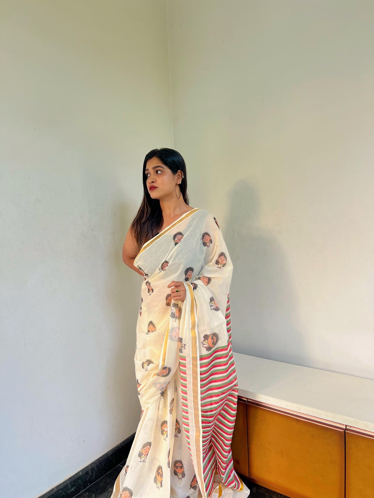 Pearle Maaney Inspired Doodle Cotton Saree – Premium Quality