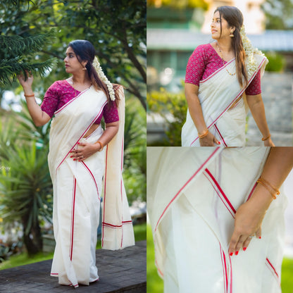 Puliyilakara Set Mundu with Readymade Blouse