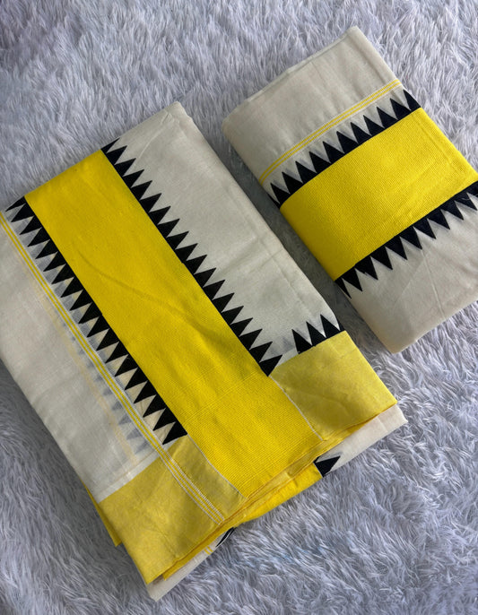 Black & Yellow Temple Design Set Mundu – Kerala Tradition