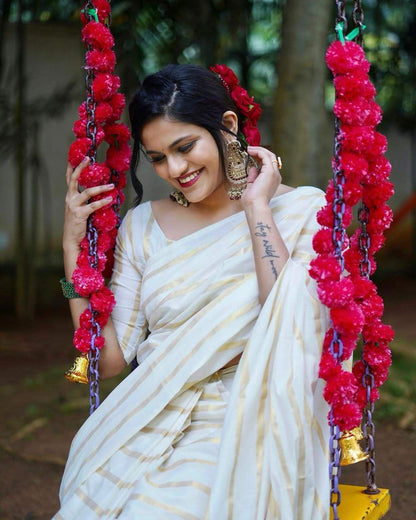 Cotton Golden Lines Saree with Tassels