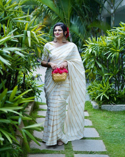 Cotton Golden Lines Saree with Tassels