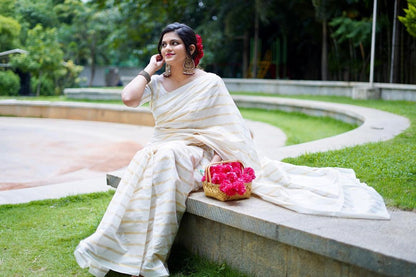 Cotton Golden Lines Saree with Tassels