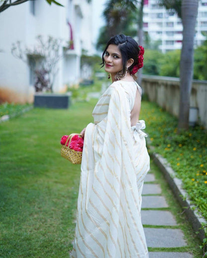 Cotton Golden Lines Saree with Tassels