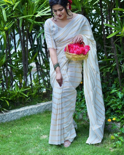 Cotton Golden Lines Saree with Tassels