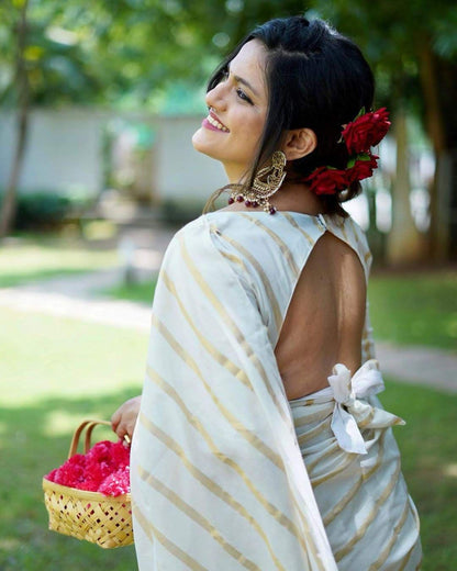 Cotton Golden Lines Saree with Tassels