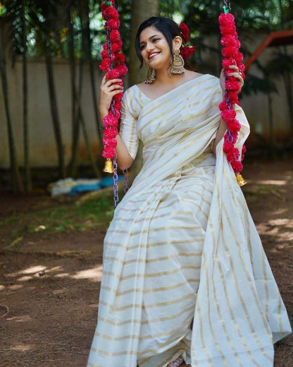 Cotton Golden Lines Saree with Tassels