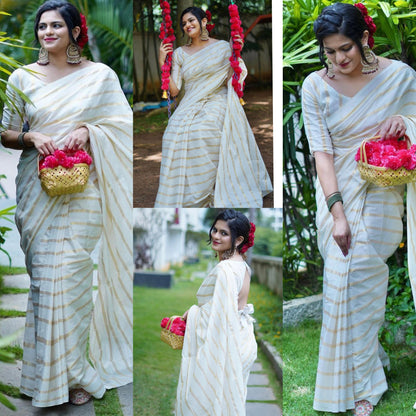 Cotton Golden Lines Saree with Tassels