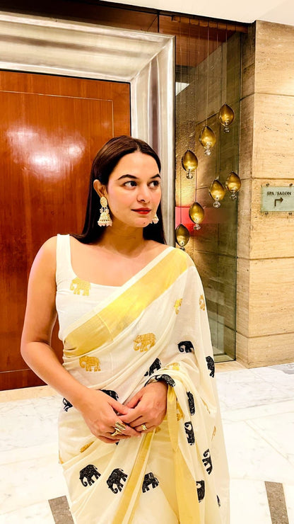 Elephant Embroidery Golden Jari Cotton Saree