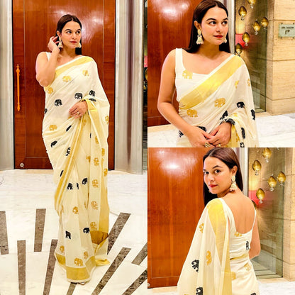 Elephant Embroidery Golden Jari Cotton Saree