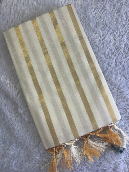 Cotton Golden Lines Saree with Tassels