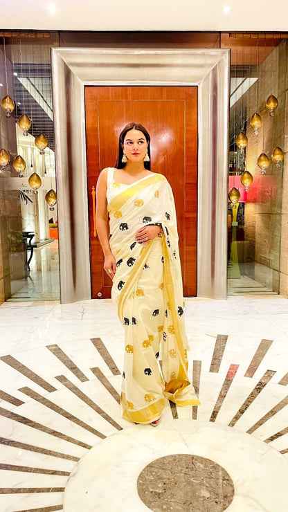 Elephant Embroidery Golden Jari Cotton Saree