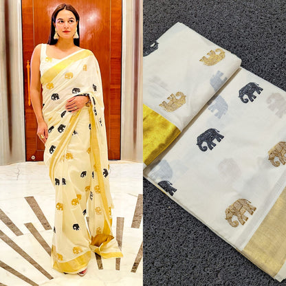Elephant Embroidery Golden Jari Cotton Saree