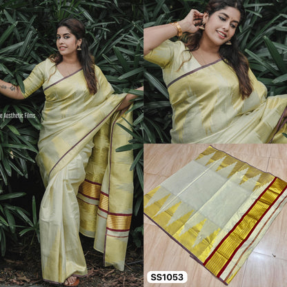 Handloom Replica Double Side Temple Border Golden Tissue Saree