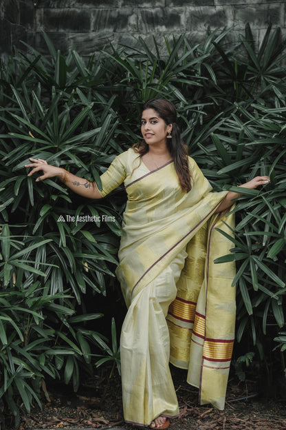 Handloom Replica Double Side Temple Border Golden Tissue Saree