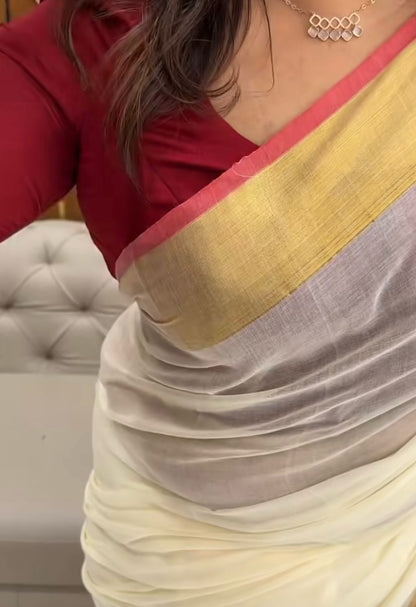 Red Border Off White Mul Mul Saree – Premium Quality