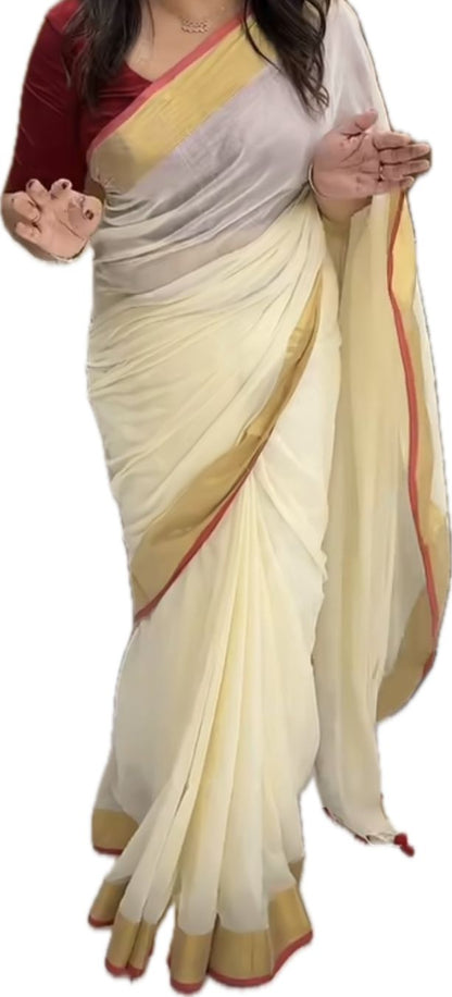 Red Border Off White Mul Mul Saree – Premium Quality
