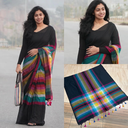 Black Rainbow Mul Mul Saree – Premium Quality