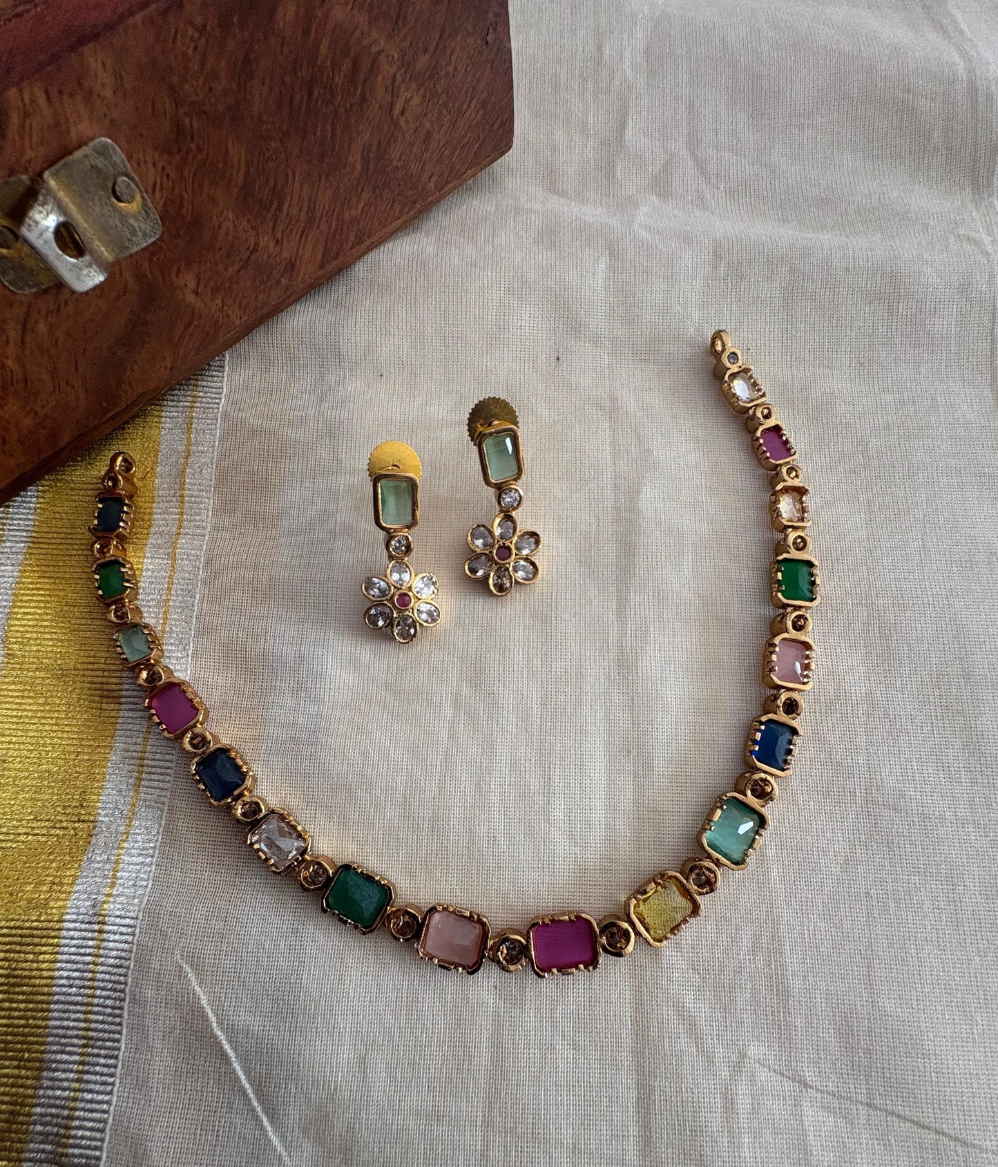 Navaratna Antique Necklace with Floral Earrings –– Premium Quality