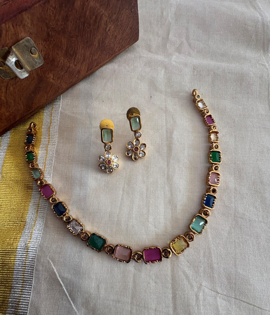 Navaratna Antique Necklace with Floral Earrings –– Premium Quality