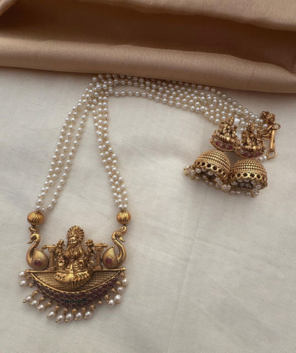Lakshmi Pendant Pearl Long Chain Set – Antique Gold Premium Quality