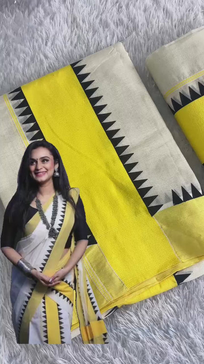 Black & Yellow Temple Design Set Mundu – Kerala Tradition