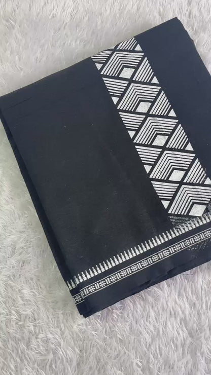 Black Cotton Single Dhothi with White Print – Premium Quality