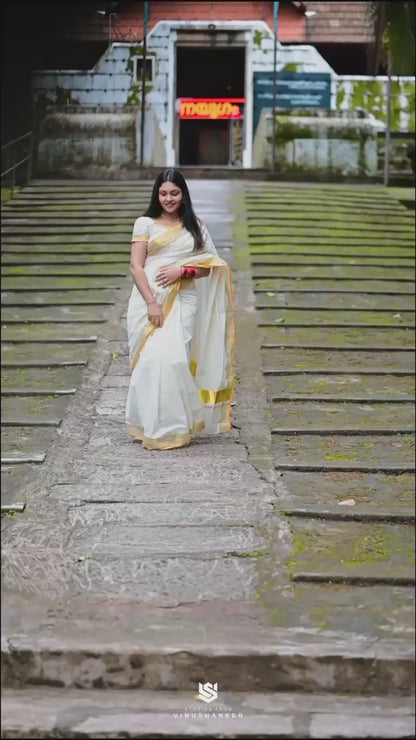 Balaramapuram Handloom Inspired Plain Cotton Kasavu Saree | Kerala Special Premium Quality Saree