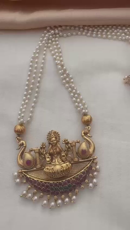 Lakshmi Pendant Pearl Long Chain Set – Antique Gold Premium Quality